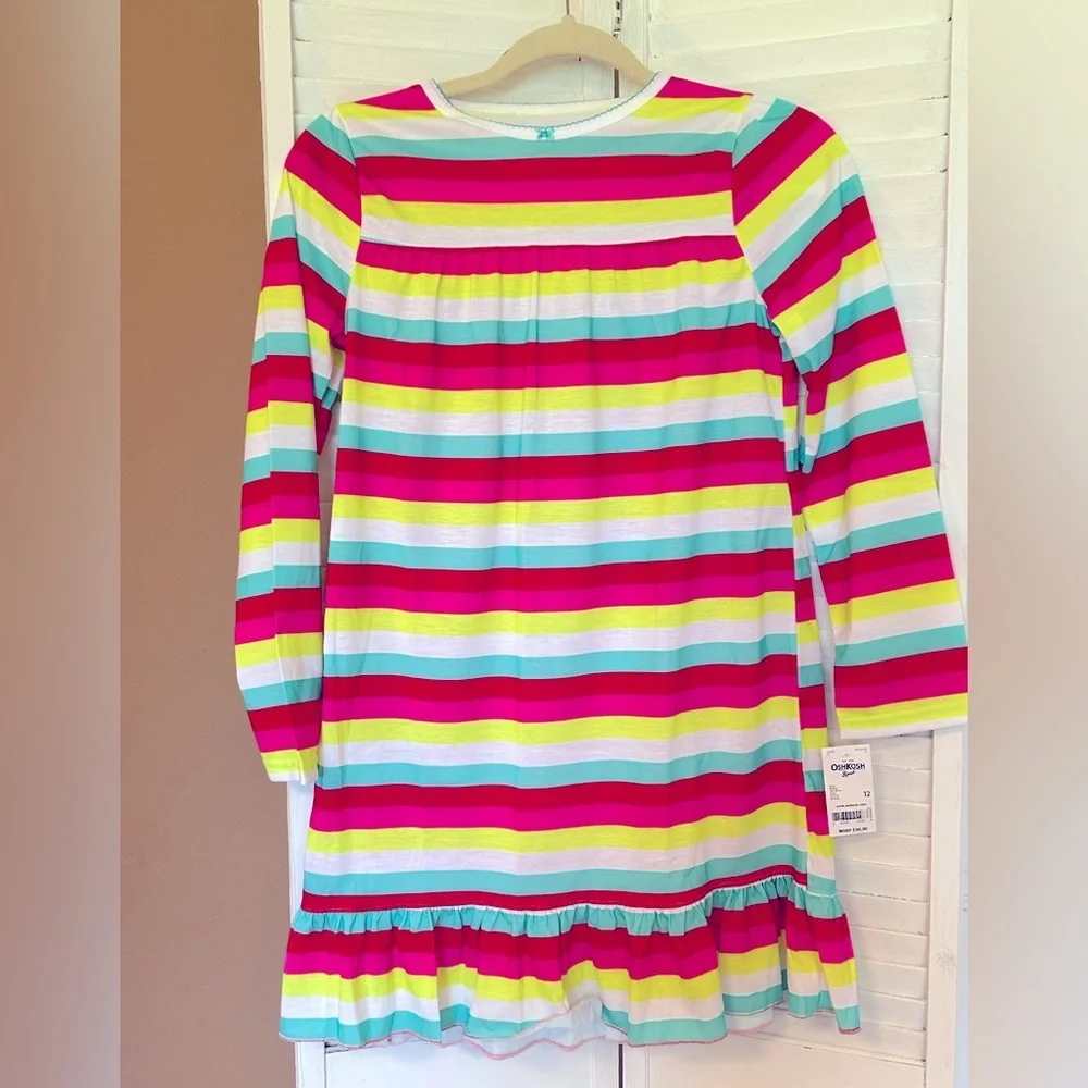 Girls size 12 Oshkosh BGosh Rainbow Striped Ruffle Long Sleeve Nightgown NWT